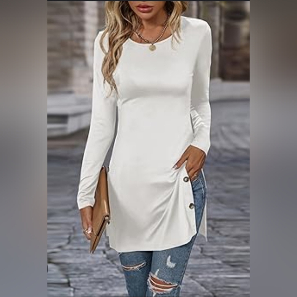 White Button-Side Longline Tunic Top Size M Excellent Condition